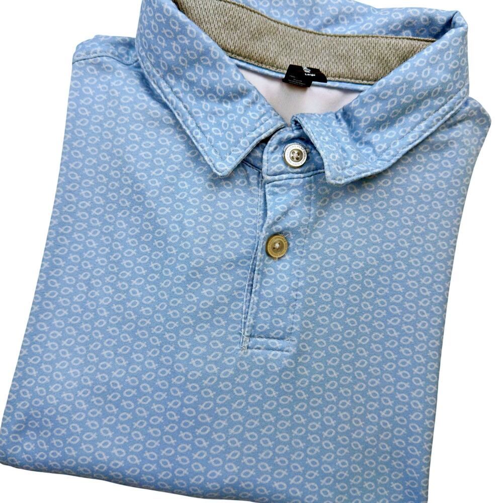 Anderson Ord Light Blue Performance Golf Polo All Over Fish Print LARGE